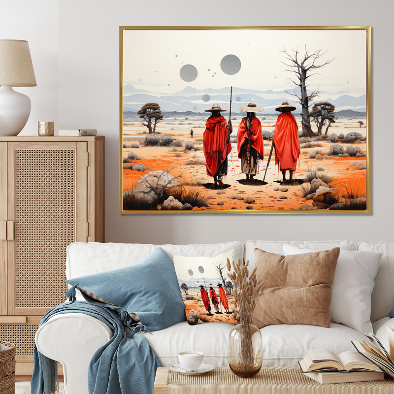 «Western Desert Nomads Pointillism», reproduction d'art sur toile, 24" H x 32" W, Cadre flottant doré