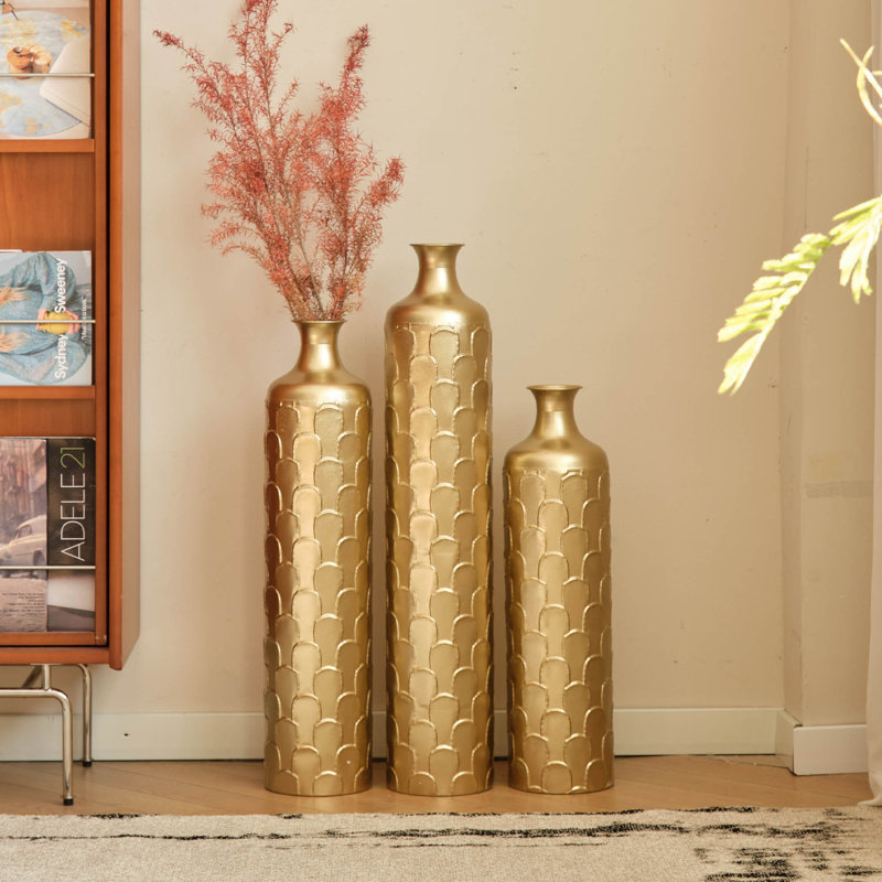 Cory-Lee Handcrafted Metal Floor Vase with Golden Scales, Large Flower Vase(Set Of 3)