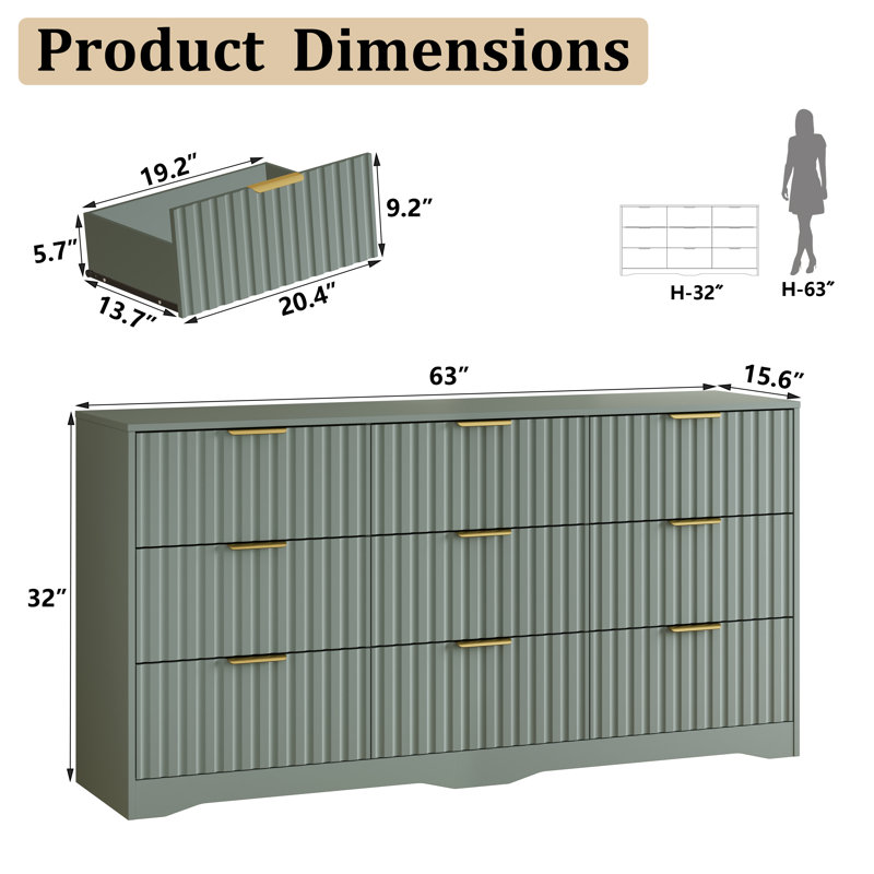 Ensemble de chambre à coucher 3 pièces comprenant une commode à 9 tiroirs et un ensemble de 2 tables de chevet, Vert