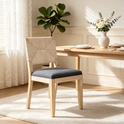 Solid Wood Dining Chairs Set of 2, Modern Boho Fabric Upholstered Kitchen Chairs with Hand-Woven Rope Backrest, Coastal Farmhouse Side Chairs for Dining Room