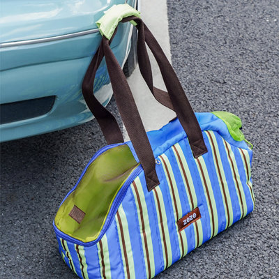  Sac de transport pour chien et chat à rayures bleu océan avec grande fenêtre en filet, cordon latéral, pince de sécurité et base rembourrée, 18,8 po