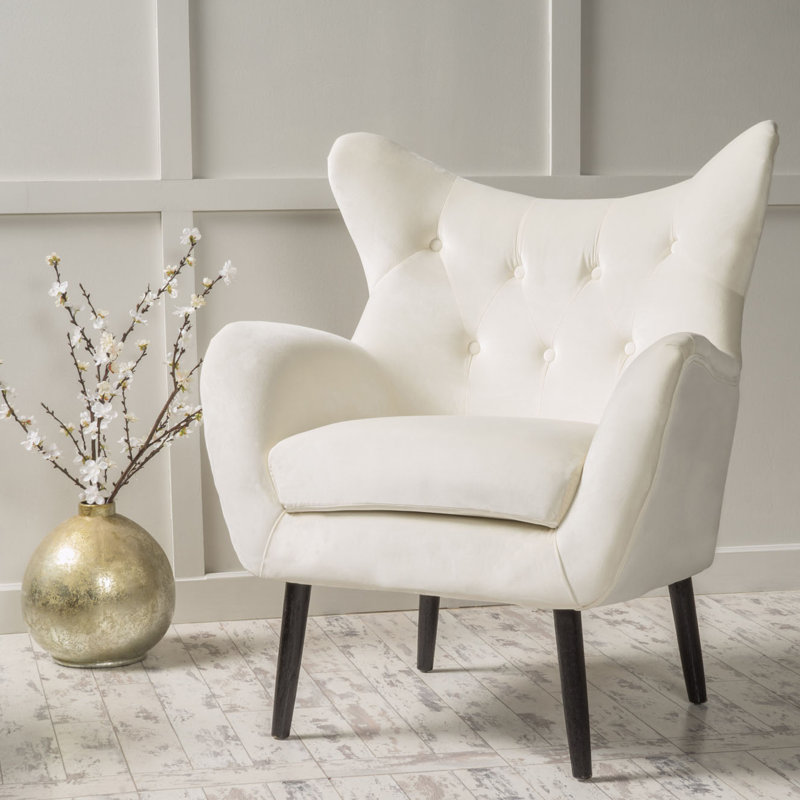 Fauteuil à oreilles rembourré, Ivoire ivoire, Noir, H 39,72 po x l 28,47 po x P 34,26 po