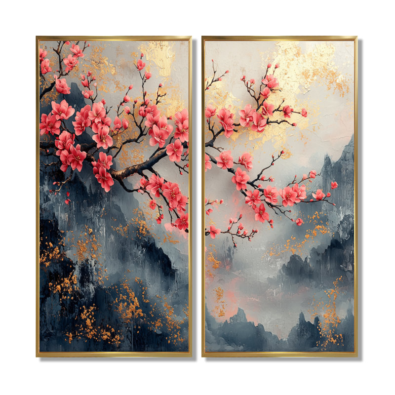 Arbre de fleurs de cerisier rose bleu en Chine, H 20 po x l 24 po, Cadre flottant, Doré