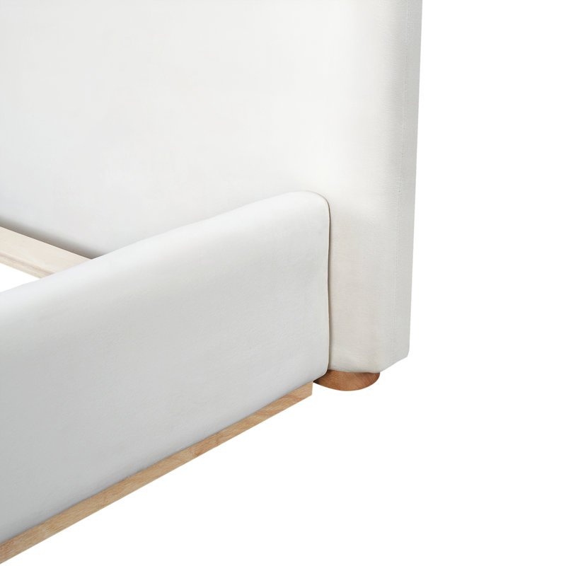 Élégant lit rembourré avec structure en bois massif, libérant une nouvelle expérience de sommeil confortable, grand, blanc