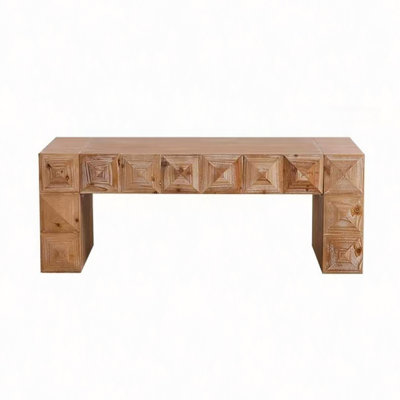 47.24" Rustic Geometric Relief Coffee Table - Solid Wood & MDF Rectangle Coffee Table With 3D Carved Details For Living Room