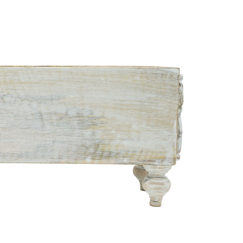  Carved Footed Bin Whitewashed Wood