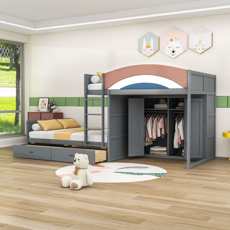 Full Wooden Loft Bunk Bed with Closet, Storage Drawers, Gray