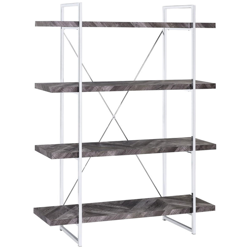 Bibliothèque avec 4 tablettes rustiques à chevrons gris, structure en métal, pour le soutien de la maison