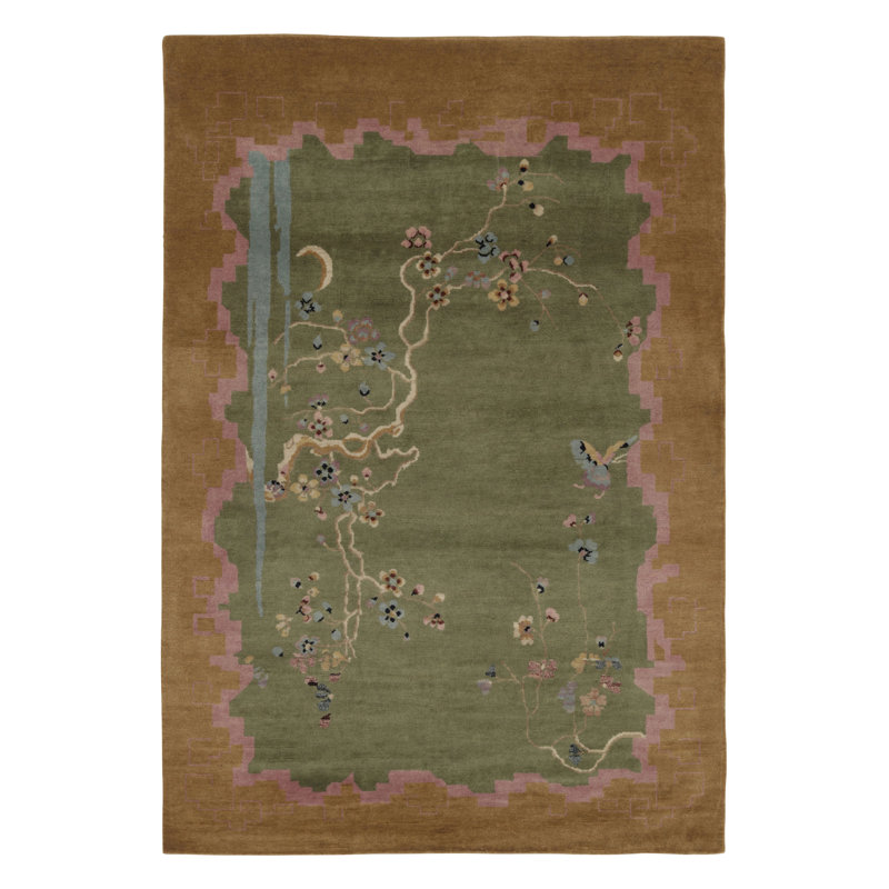 Rug & Kilim’S Chinese Art Deco Rug, Green With Cherry Blossom Florals, Rectangle 12' x 18'