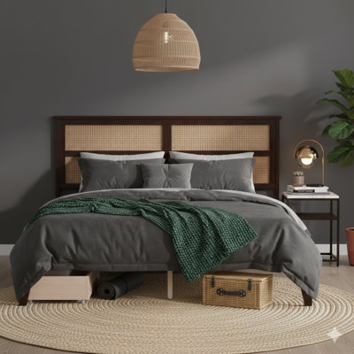 King Size Bed With Rattan-Woven Headboard, Two Integrated Storage Drawers, Rubberwood Bed Frame With Reinforced Support Slats And Stabilizing Feet, Espresso Finish