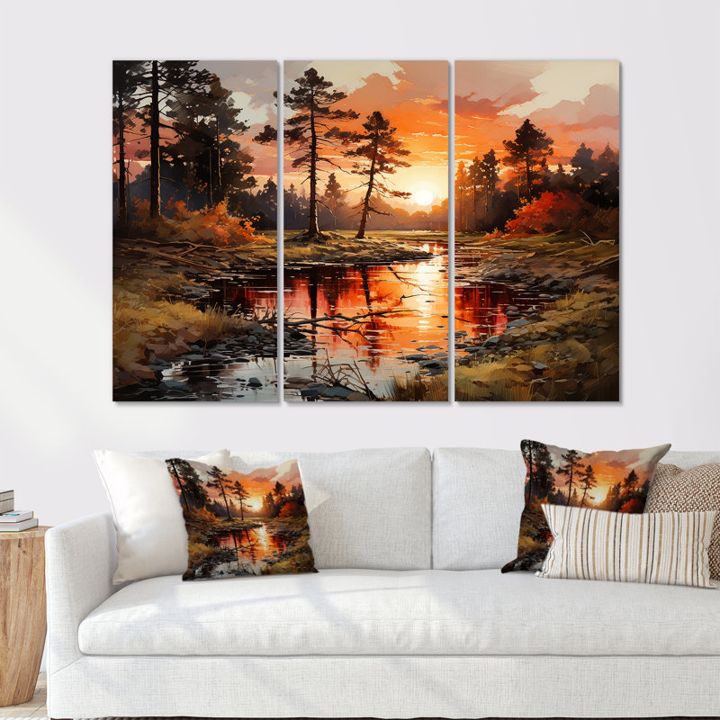 River Though Forest Sunrise I - Forest Canvas Art Set, H 28 po x l 36 po x P 1 po, Toile tendue