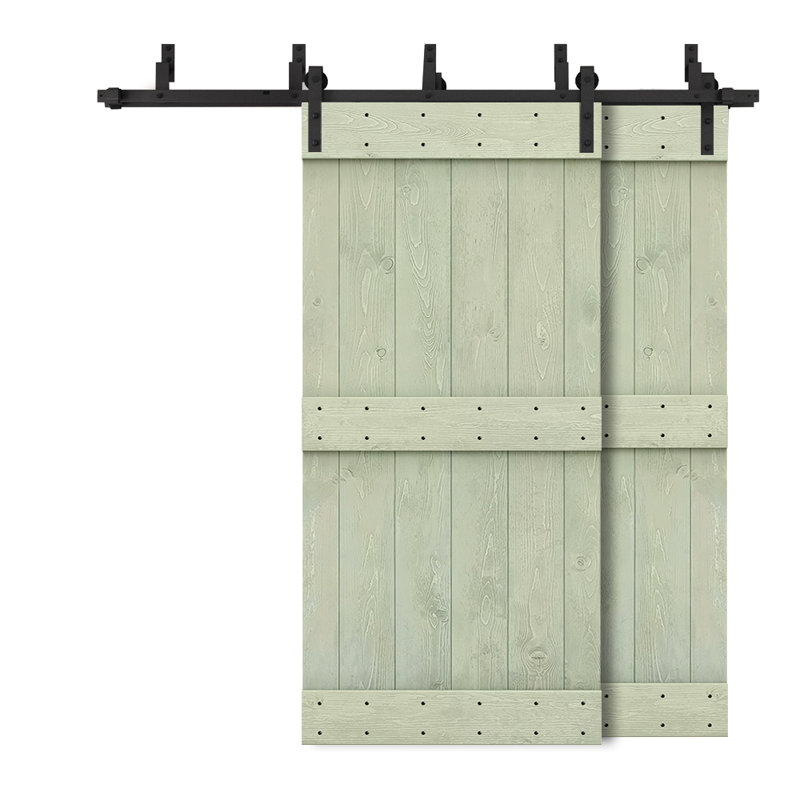 Porte de grange double à panneaux en bois teinté à panneau Mid-Bar, 40 po x 84 po, Vert sauge
