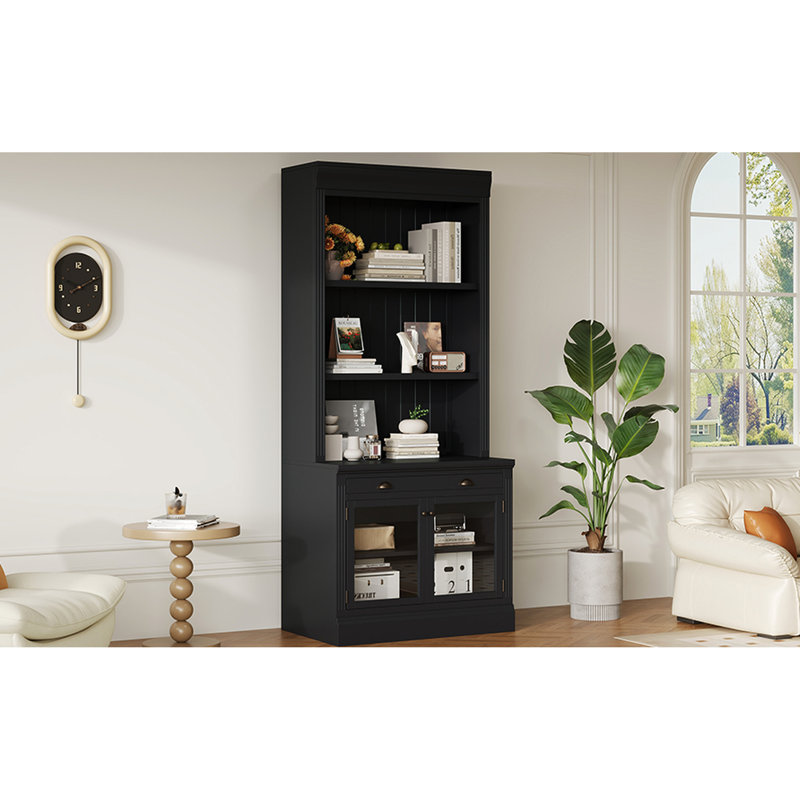Bibliothèque moderne rectangulaire de 83,4 po de hauteur avec portes en verre et tiroir pour le décor de la chambre à coucher, poignées en métal de haute qualité et tablettes 2 1
