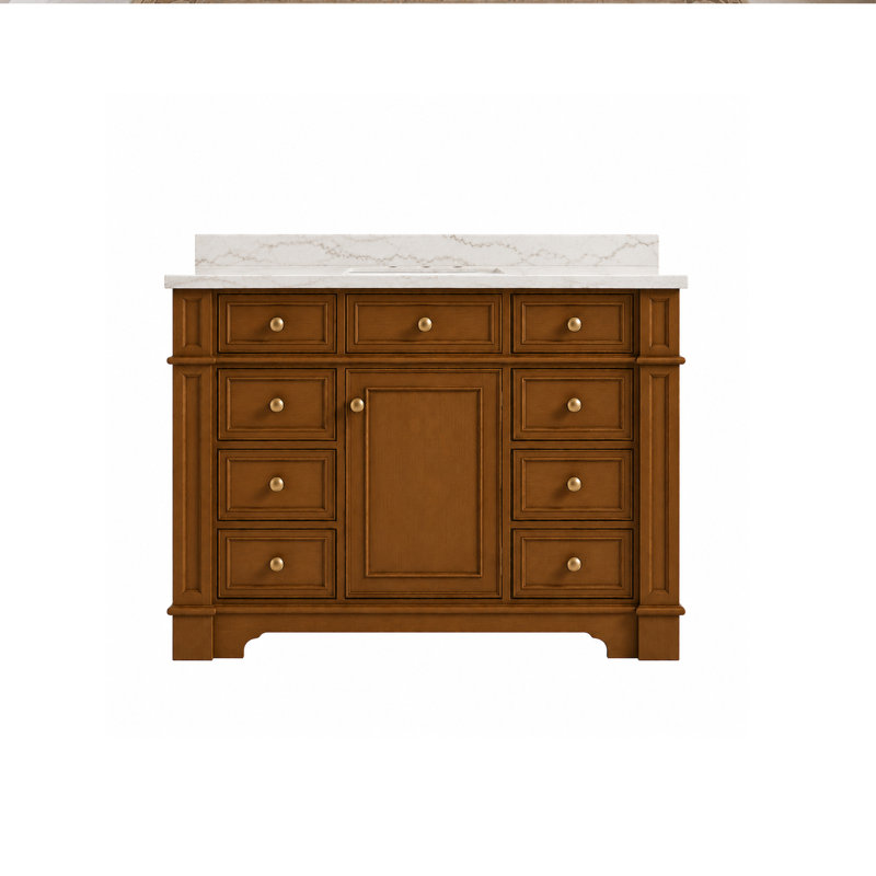 Meuble-lavabo Joselle 122 cm (L) x 53 cm (P) en noyer clair et comptoir en marbre Castella de Blanc avec lavabo simple rectangulaire encastrée.