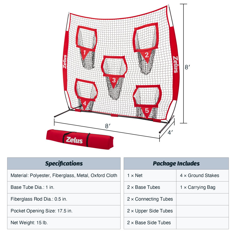 Filet de soccer rouge 8 x 8 pi, équipement d'entraînement de quart avec 5 poches ciblées, H 96 po x l 96 po x P 48 po, Rouge