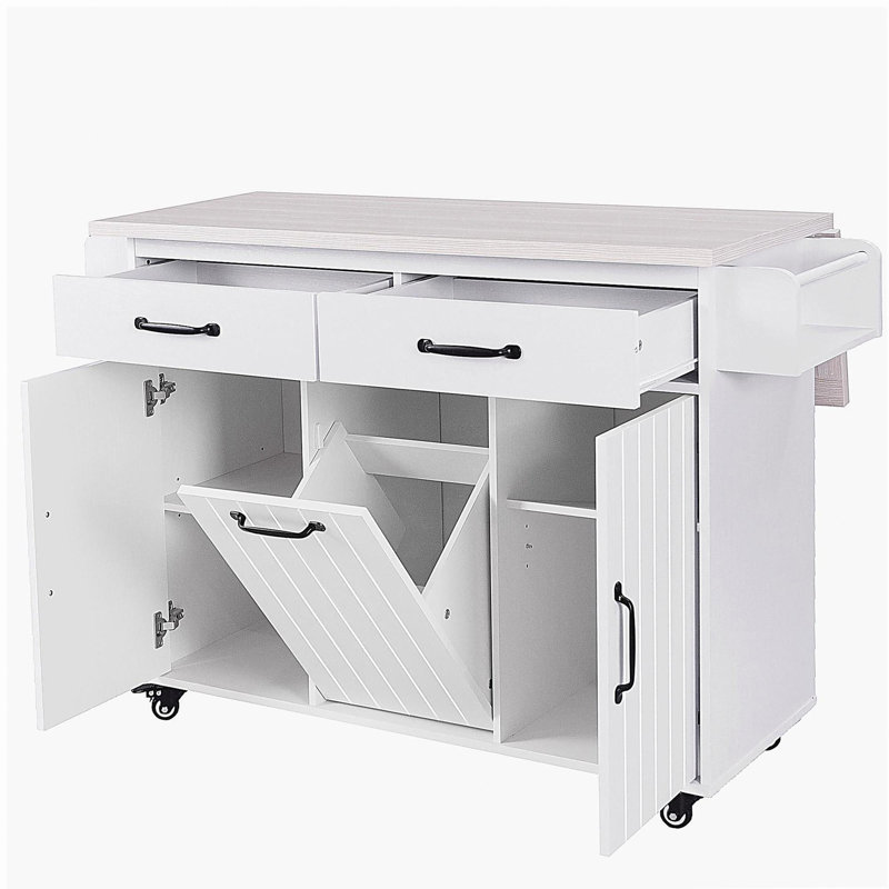 K&K Kitchen Island with Trash Can Storage Cabinet, Kitchen Cart with Drop Leaf, Spice Rack, Towel Rack and Drawer, Rolling Kitchen Island on Wheels with Adjustable Shelf, White