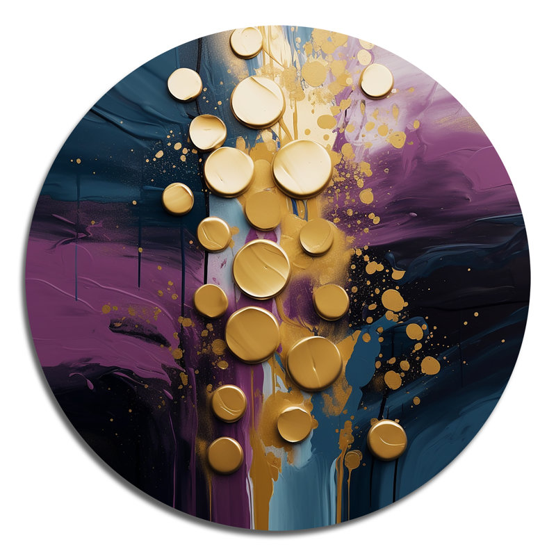 Mauve et bleu, réalités sur toile III - peinture abstraite ronde, art mural en métal, H 16 po x l 16 po x P 1 po