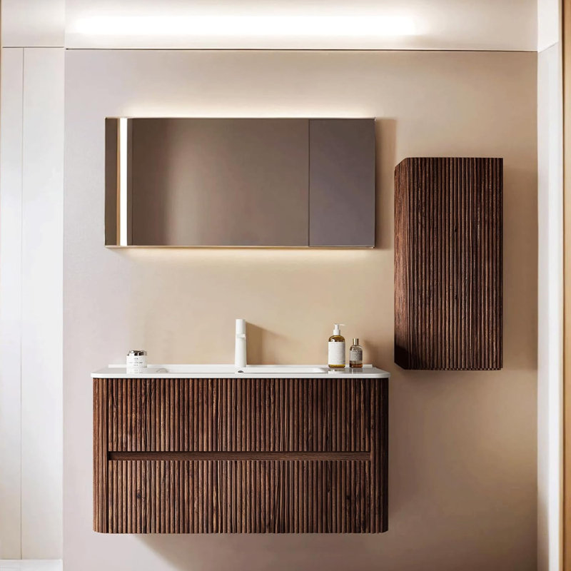 36" Modern Bathroom Vanity with Single Ceramic Basin and 2 Drawers, and 14"Side Cabinet Set