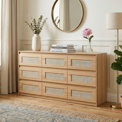 9-Drawer Dresser With Rattan Drawer Panel