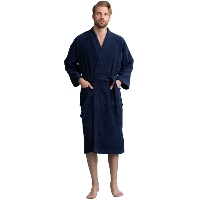 Peignoir mi-mollet 100% coton avec poches Ladijah, Bleu marine
