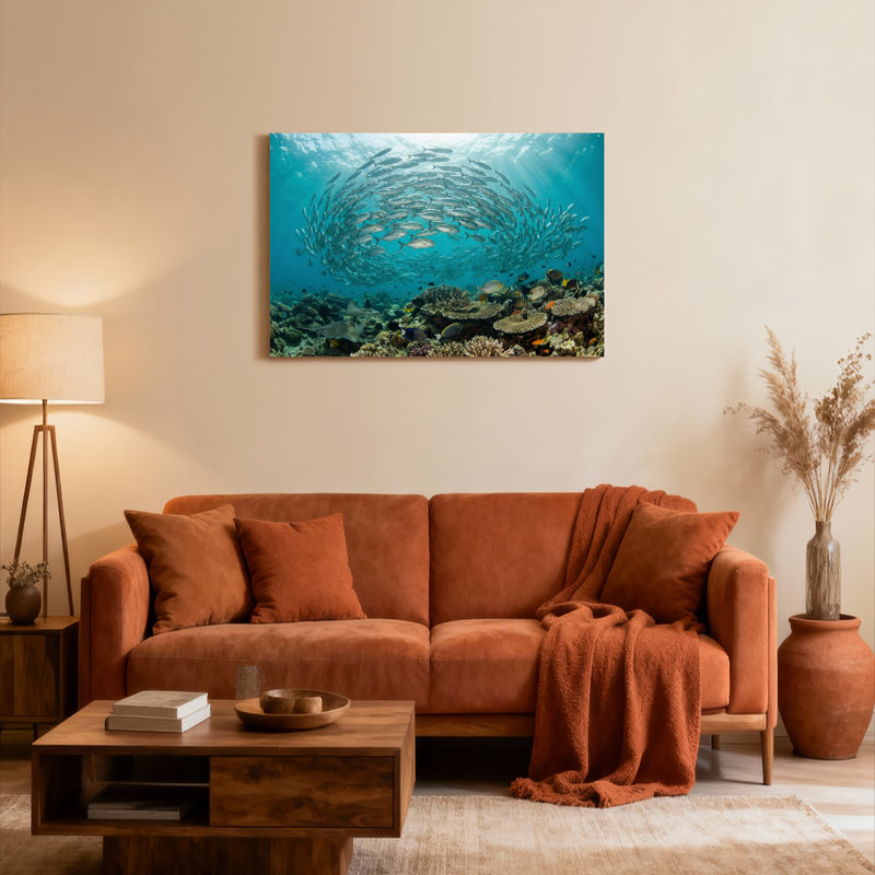 Ensemble de 1 tableau sur toile tendue représentant un banc de poissons de récif corallien sous-marin, H 16 po x l 24 po