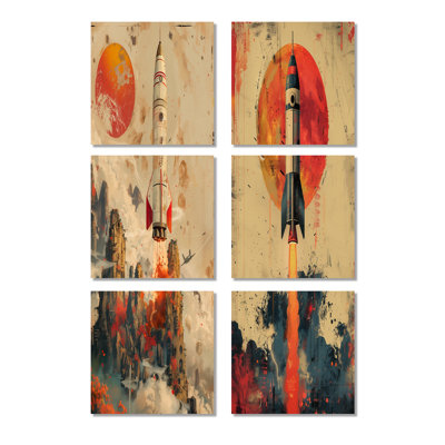 Fusée orange dans l'espace - Ensemble de 6 impressions sur toile fusée