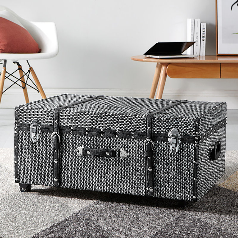 Texture Brand Designer Trunk with Wheels - Woven Rattan, Grey Nickel