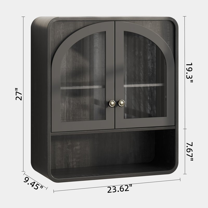 27" H Wall Mounted Bathroom Cabinet, Wooden Medicine Cabinet with Arched Glass Door & Adjustable Shelf, Open Shelf, Hanging Organizer for Living Room, Kitchen, Black