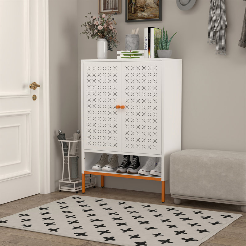 Grid Double Door Shoe Cabinet, White