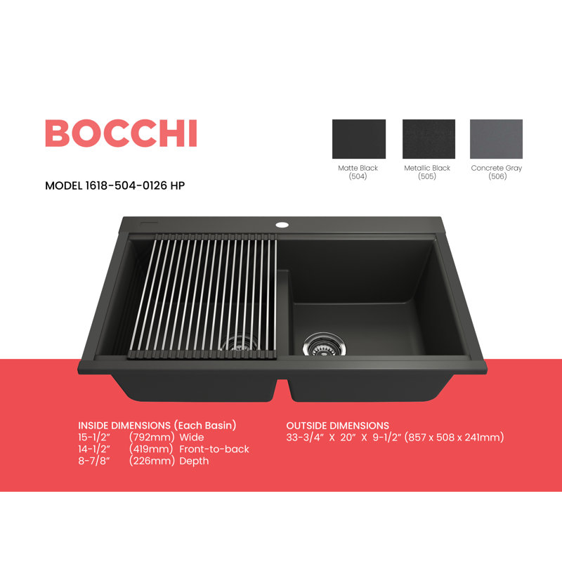 Baveno Lux 33.75'' L Double Basin Kitchen Sink, Matte Black