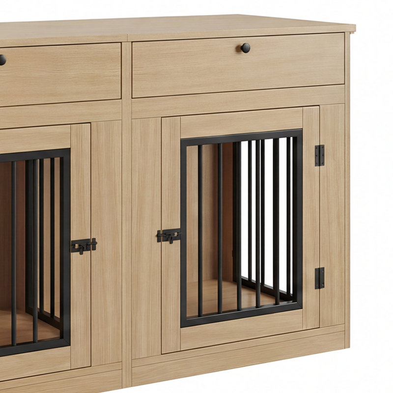 Double-door Dog Crate Console Table With Storage Drawers, Natural