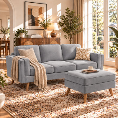 Mid-Century Modern 3-Piece Living Room Sofa Set, Includes 3-Seater Couch & Ottoman, Tapered Wood Legs