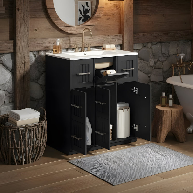 Meuble-lavabo autoportant 30 po avec lavabo en céramique 30 po, Noir, Argent argent
