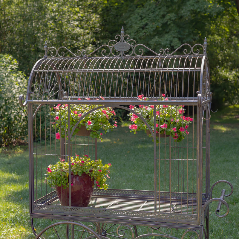 Large Antique White Metal Flower Cart with Curved Roof