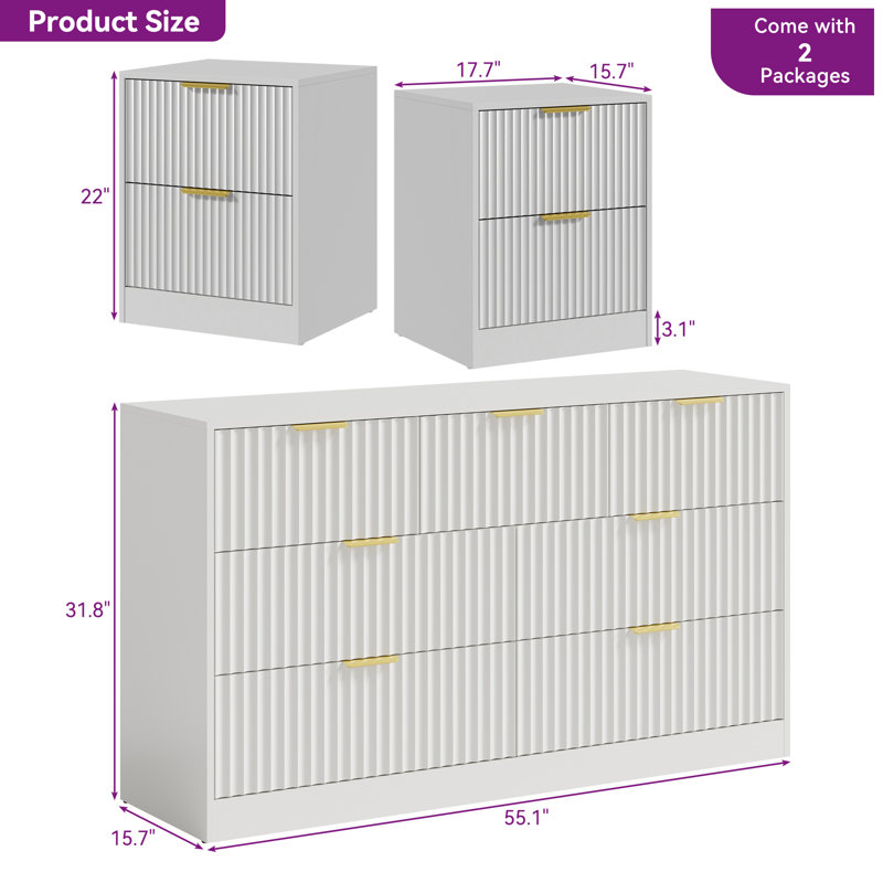 3-Piece 7-Drawer Dresser & 2-Drawer Nightstand Set, White