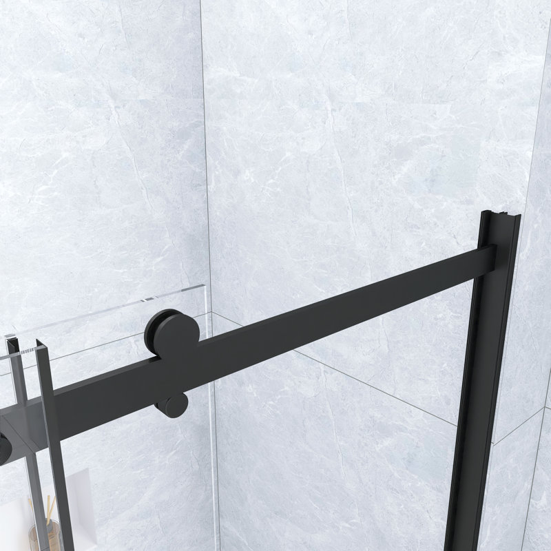 30 In. -60 In. W × 72 In. H Frameless Shower Door Single Sliding With 1/4 Thickclear Tempered Glass  In Chrome   |  Zinc Roller Rail System|   Stainless Steel Handle