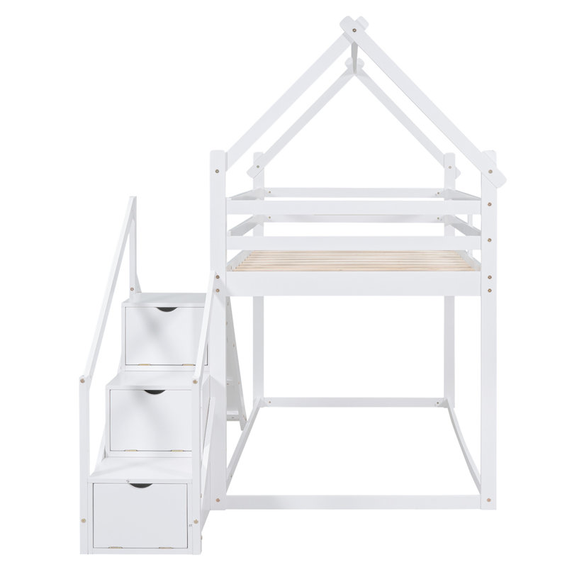 Lit mezzanine simple au-dessus de simple et lit superposé avec glissade et escalier, blanc