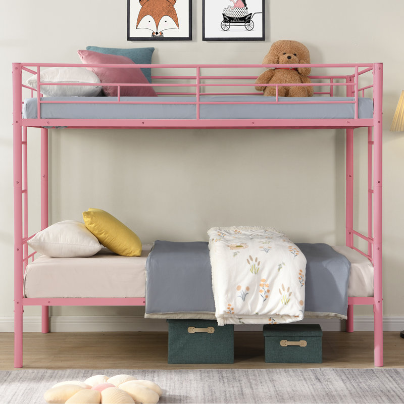 Pink Twin Over Metal Bunk Bed - Modern Bedroom Saving Space Selection, Strong Construction For Durability, Stable & Quiet Sleeping Environment, Noise- With Secure Staircase, Easy To Assemble Supplied