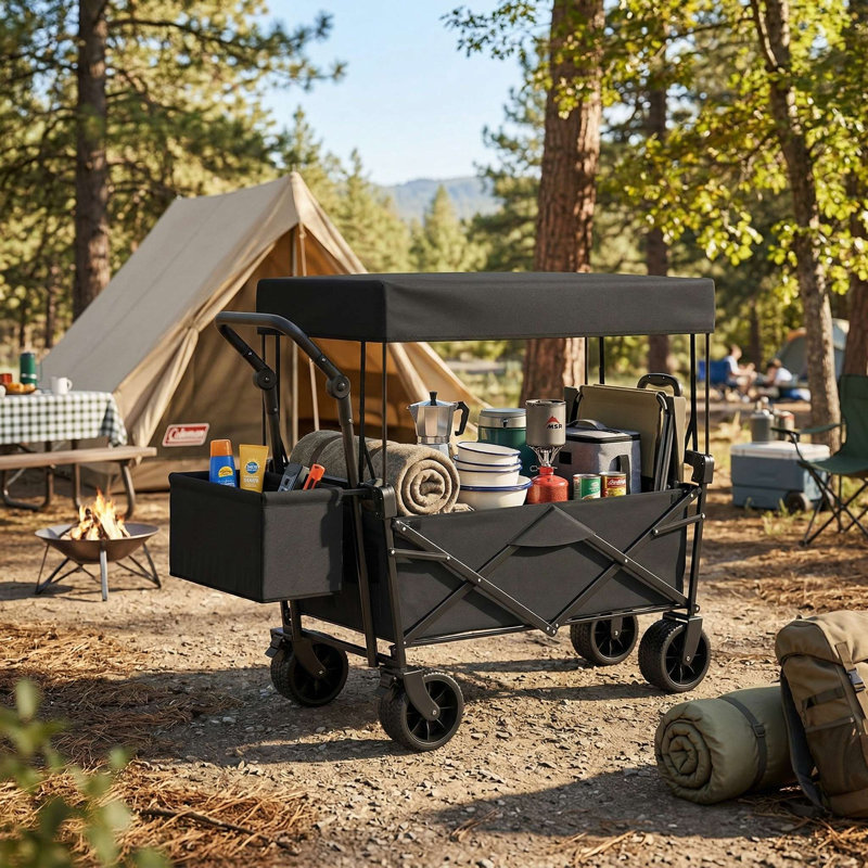 Chariot utilitaire pliable robuste à capacité de charge de 220 lb avec roues antidérapantes tout-terrain résistantes à l'usure, auvent amovible de protection contre les rayons UV