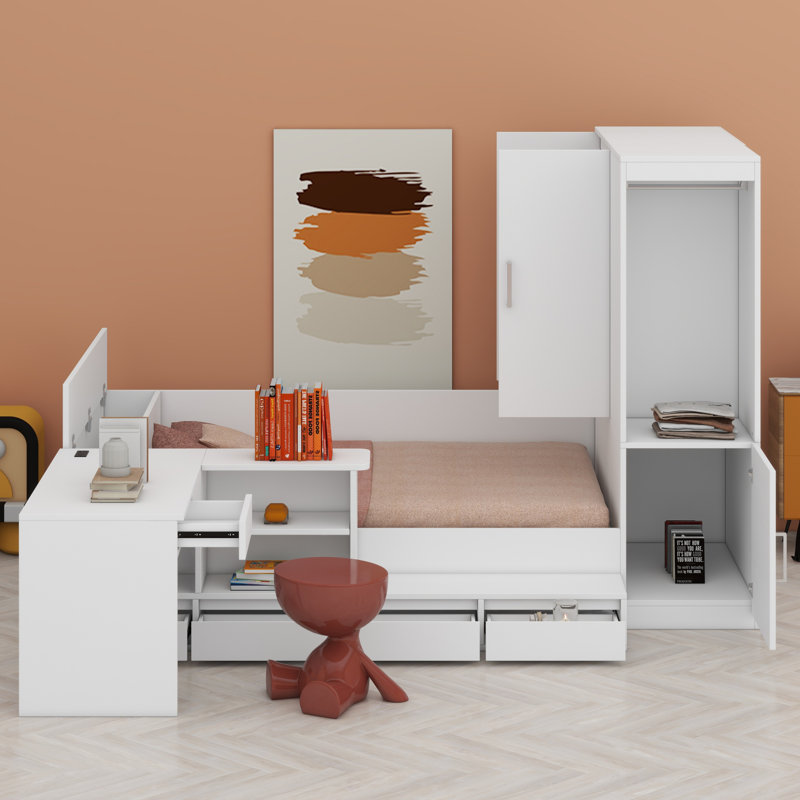Lit plateforme en bois avec tiroirs, tablettes, bureau et garde-robe, Blanc