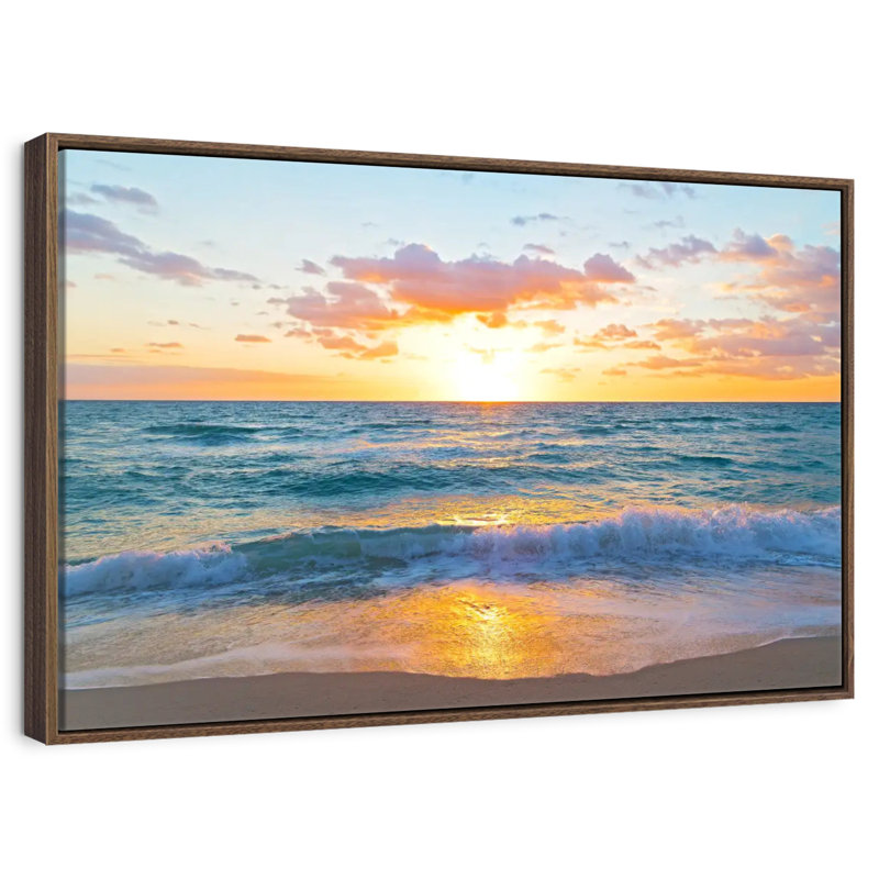 Lever de soleil sur Miami Azemar, 25 po x 17 po, Cadre flottant noyer