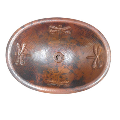 19" Copper Oval Drop-in Bathroom Sink with Dragonfly Design, Grid Drain Included