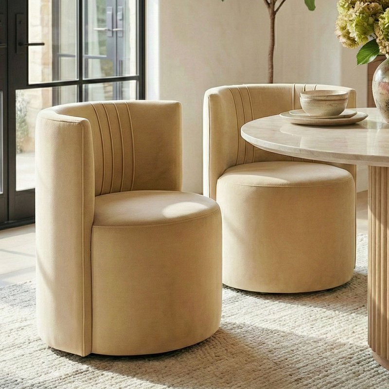 Velvet Upholstered Rolling Dining Chairs with Wheels, Honey  Beige
