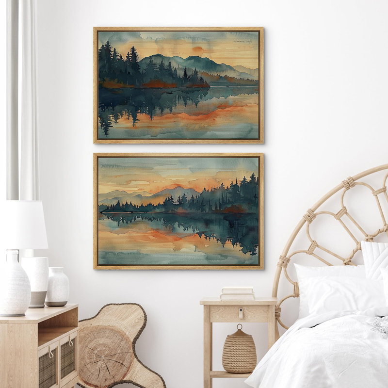 Rustique campagne crépuscule, coucher de soleil orange, lac réfléchissant et forêt au crépuscule, paysage naturel - 2 pièces