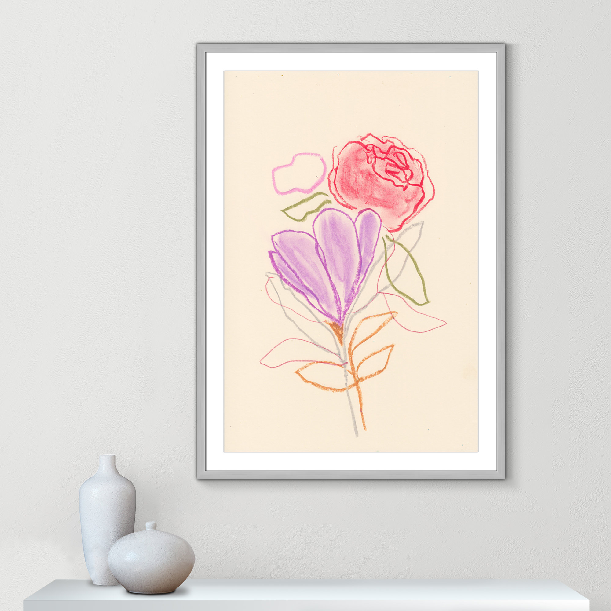 Simple Floral III Print by Bea Dina, Silver Single Picture Framed Paper, White, 41.5" H x 29.5" W x 1.25" D
