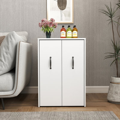 3-Tier Wooden Bookcase with Slide-Out Drawer, Wheels, and Dustproof Door for Flexible Hidden Storage.