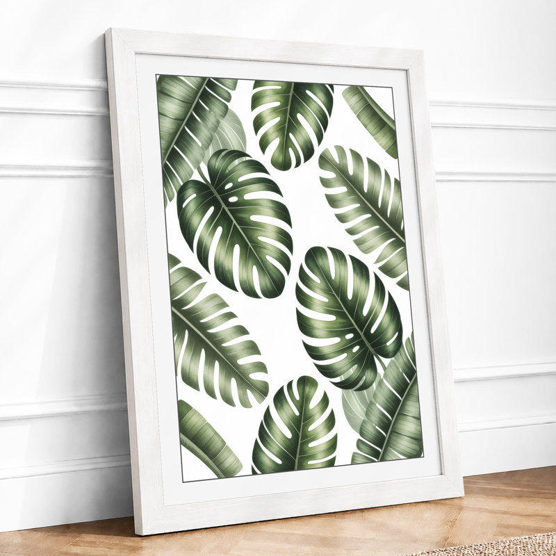 Monstera Leaves Botanical - Framed Print, A2 - 59.4 x 42.0 cm, White