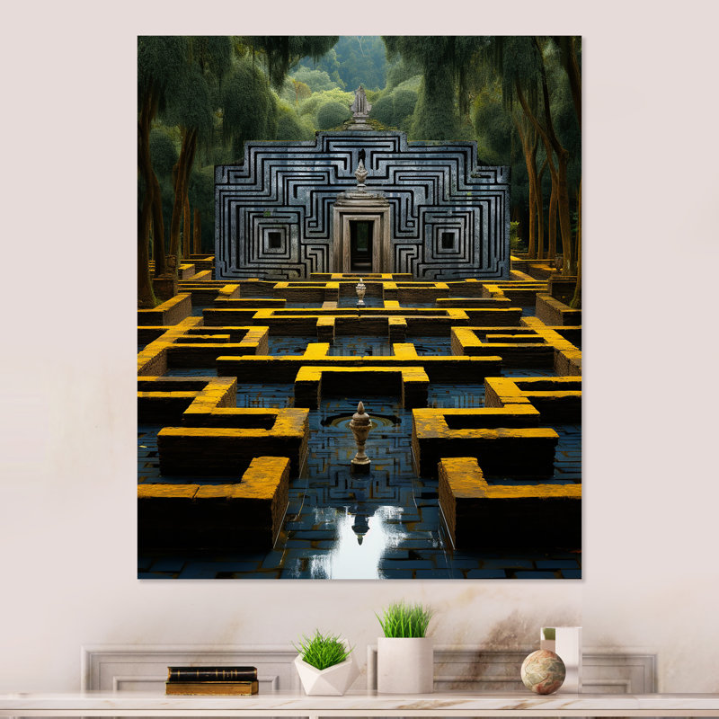 Ancienne pierre Maya gris et jaune labyrinthe I - art mural en métal labyrinthe, H 20 po x l 12 po x P 1 po