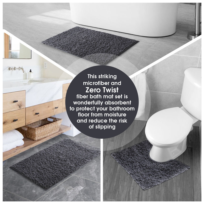 Luxury Zero Twist Bath Mat Set 2 Piece Plush Microfiber Bathroom Rug & Pedestal Mat Non Slip Absorbent Washable, Charcoal