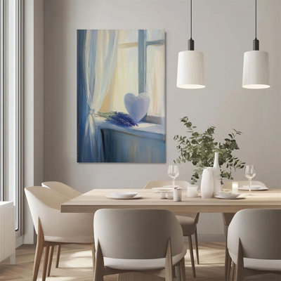 Art mural sur toile encadré 1 pièce en 2 dimensions, nature morte sur le rebord de la fenêtre, lavande et ornements en forme de cœur, impression sur toile de style impressionniste, décoration murale, cadeau idéal pour la Saint-Valentin, prêt à accrocher